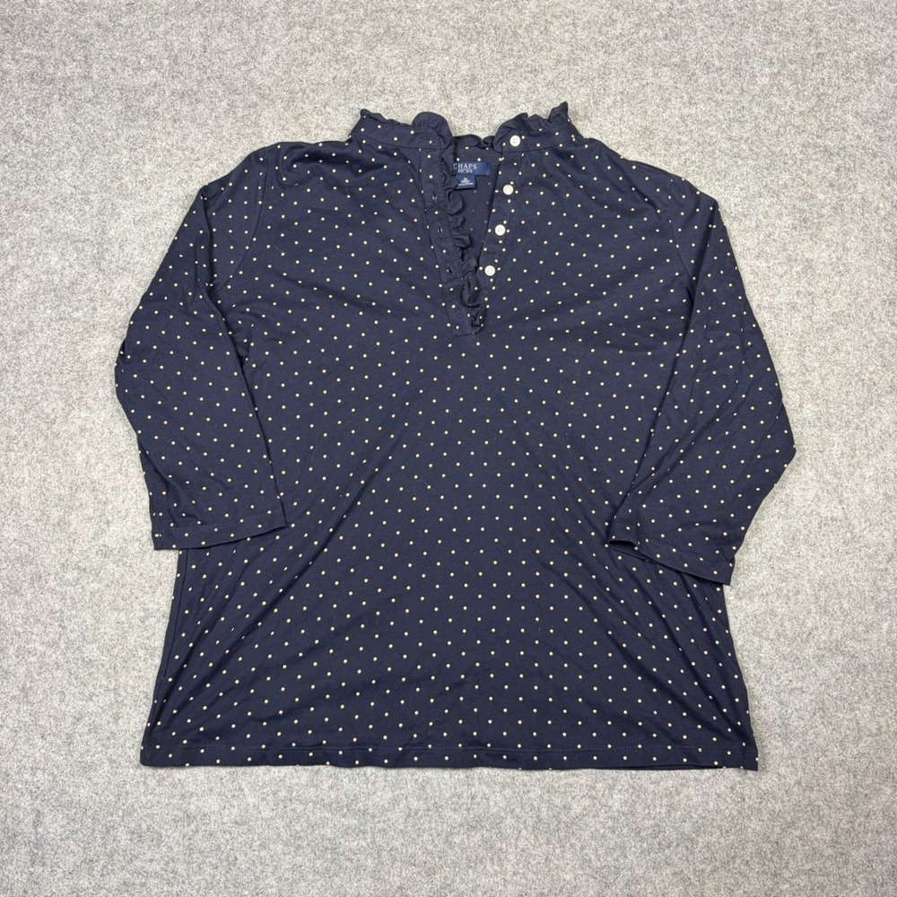 Chaps Womens Navy Blue Polka Dot Ruffle Collar Henley Top 3/4 Sleeve 1X Cotton